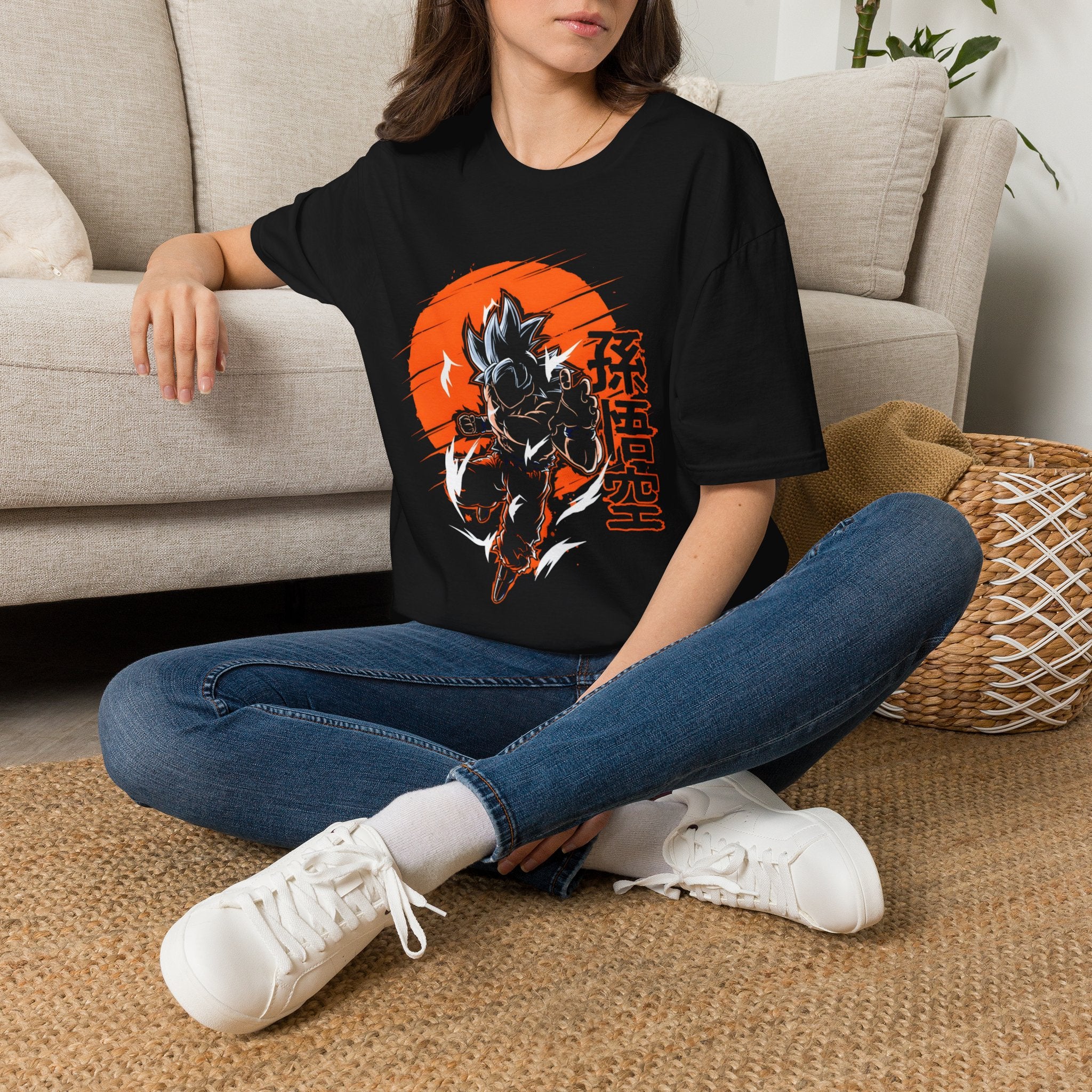 Anime Warrior T-Shirt — Goku Black Silhouette with Red Sun & Kanji